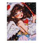 White-background diamondized artwork of a winged space girl holding a red heart beneath a starry sky