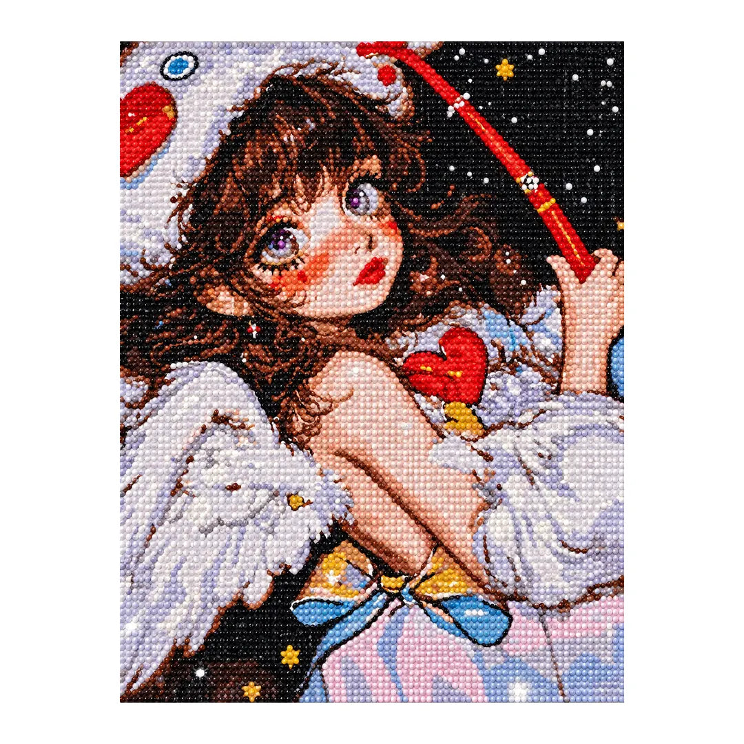 White-background diamondized artwork of a winged space girl holding a red heart beneath a starry sky