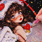 Diamond painting process showing a winged space girl holding a red heart being completed with a stylus