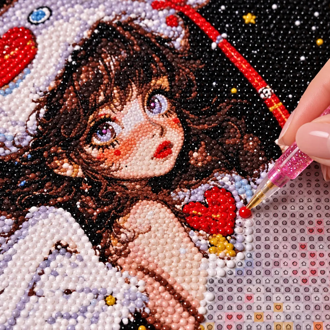 Diamond painting process showing a winged space girl holding a red heart being completed with a stylus