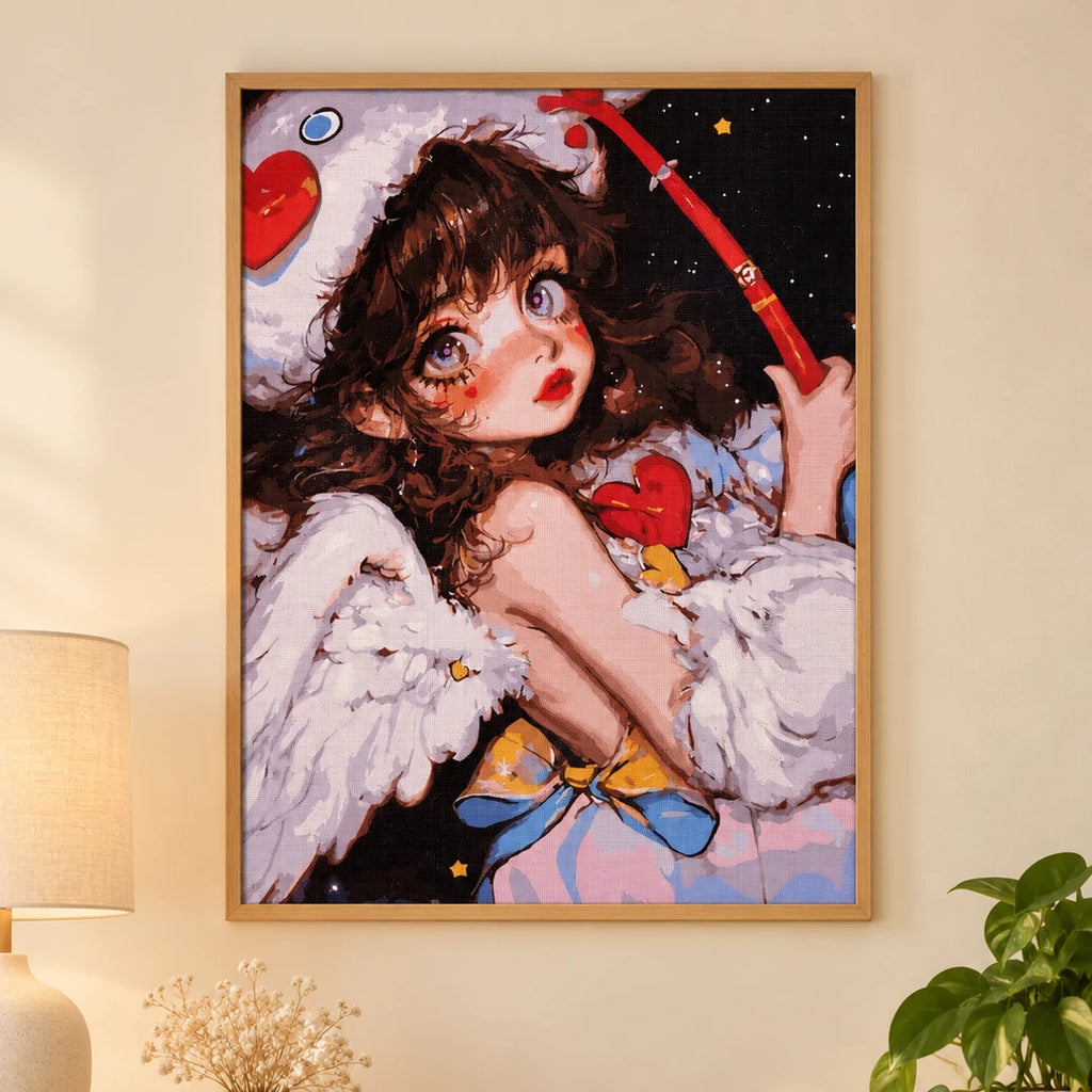 Winged space girl with a red heart diamond painting displayed as home decor