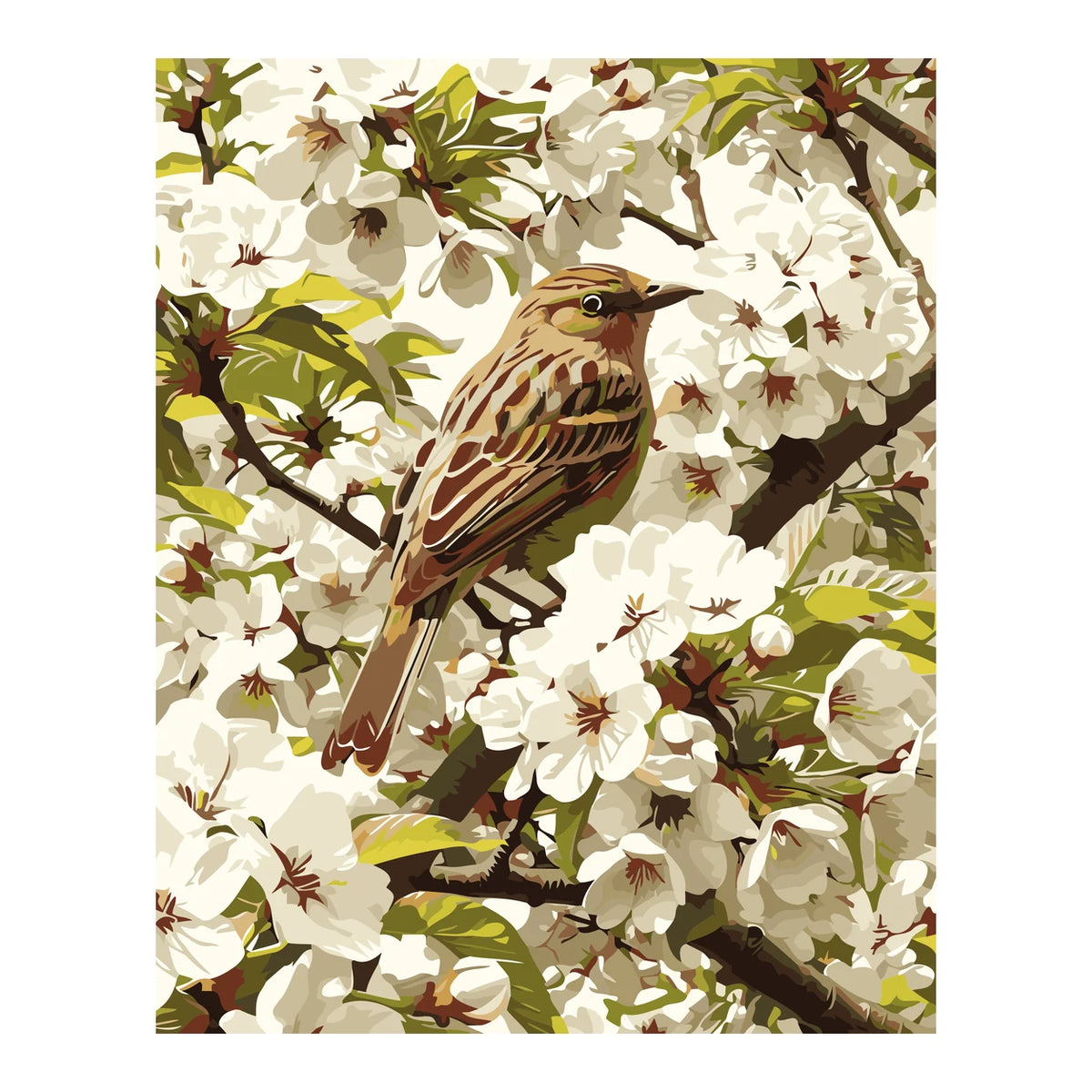 Sparrow among White Blossoms completed artwork on a clean white background