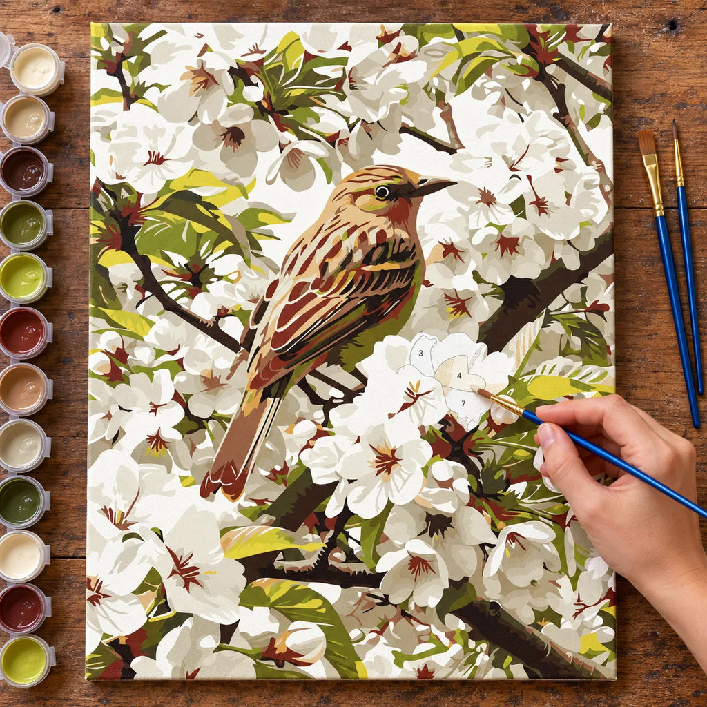 Complete Sparrow among White Blossoms numbered canvas being painted with acrylic paints and brushes