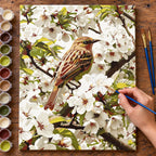 Complete Sparrow among White Blossoms numbered canvas being painted with acrylic paints and brushes