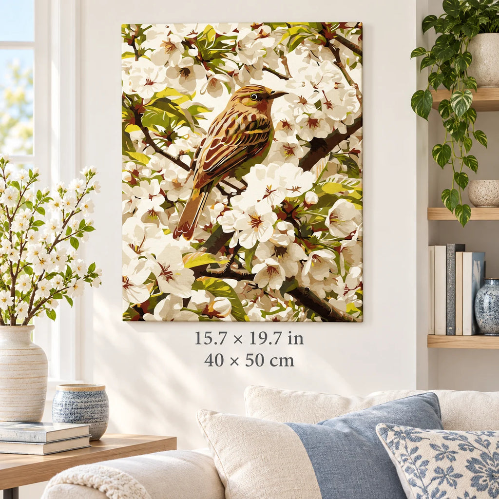 Sparrow among White Blossoms shown in a styled room with 15.7 × 19.7 in and 40 × 50 cm dimensions