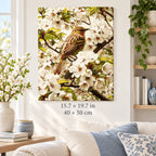 Sparrow among White Blossoms shown in a styled room with 15.7 × 19.7 in and 40 × 50 cm dimensions