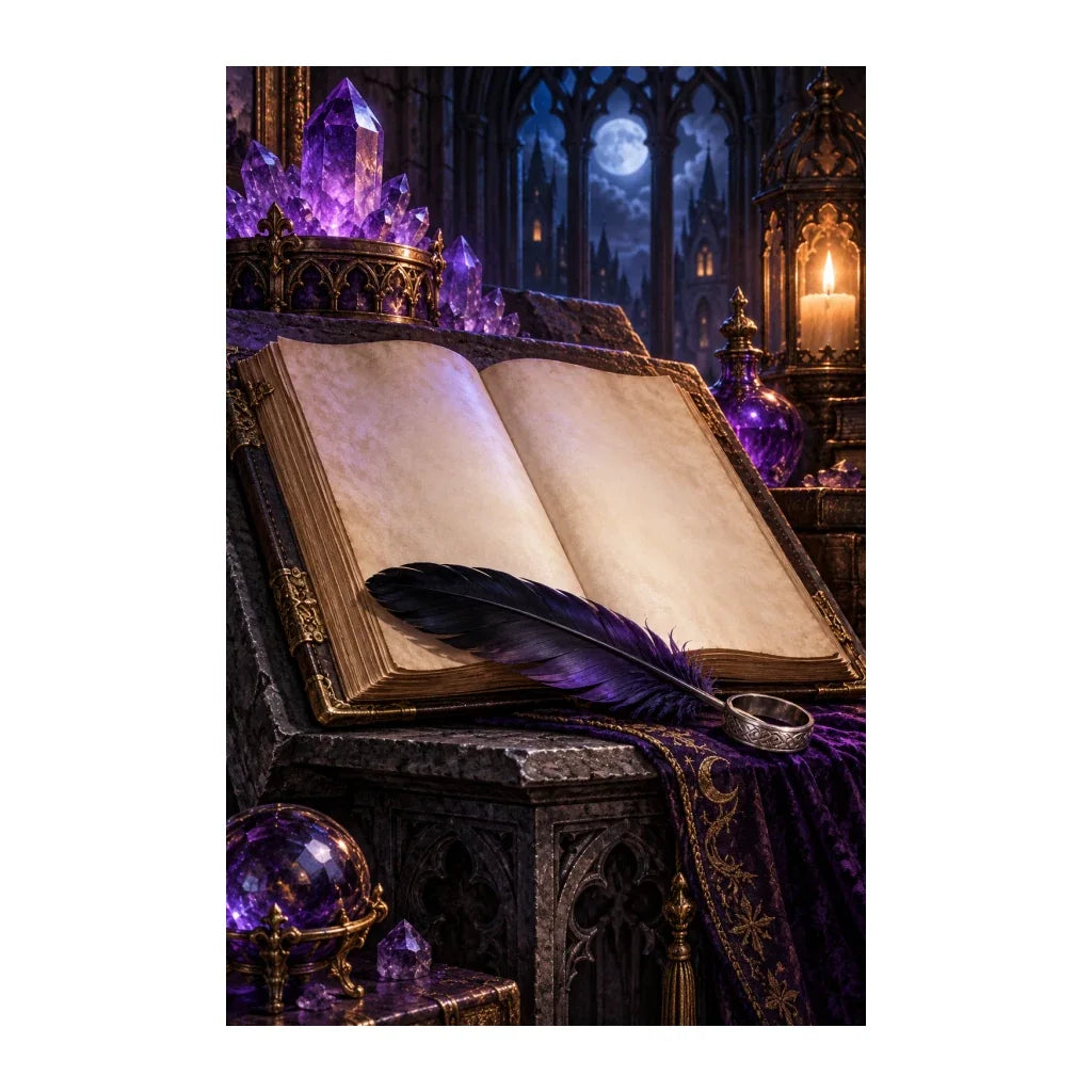 Original artwork of an open spellbook with a raven feather in a mystical room.