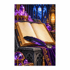 Completed diamond painting of an open spellbook and raven feather.