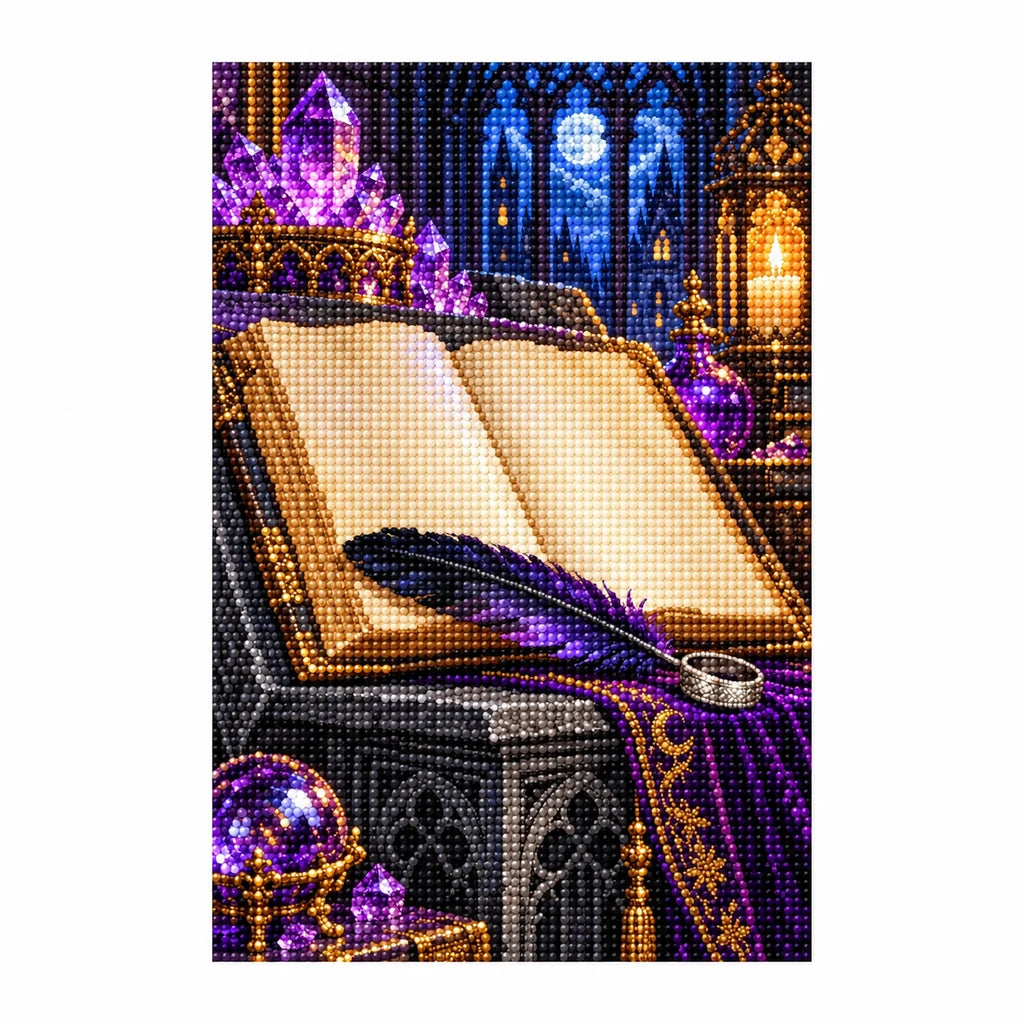 Completed diamond painting of an open spellbook and raven feather.