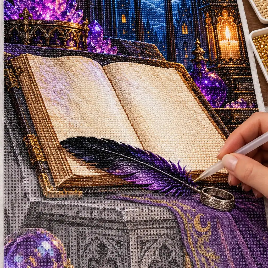 Hands placing drills on the spellbook and raven feather diamond painting canvas.
