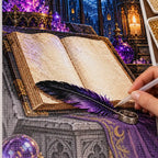 Hands placing drills on the spellbook and raven feather diamond painting canvas.