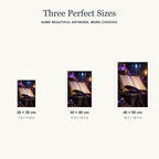 Size guide for the spellbook and raven feather design in three portrait sizes.