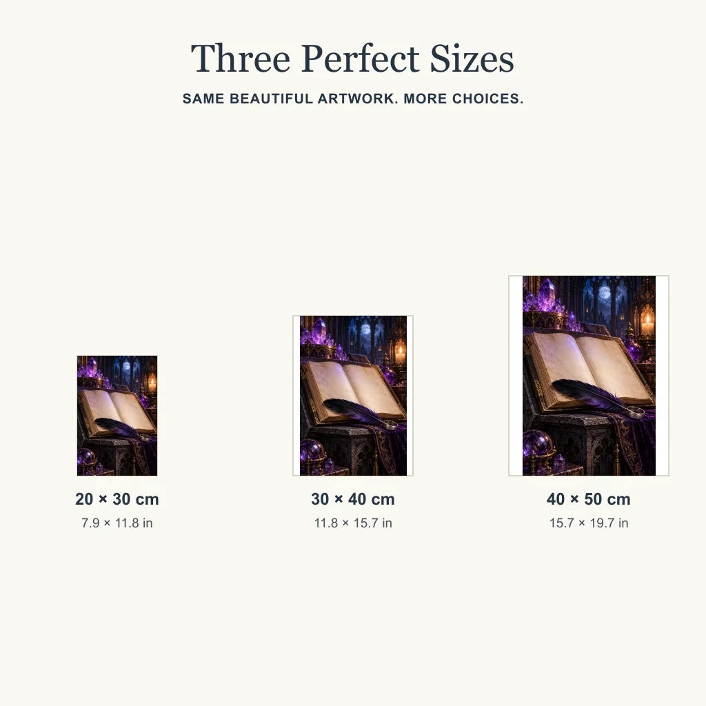 Size guide for the spellbook and raven feather design in three portrait sizes.