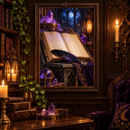 Framed spellbook and raven feather diamond painting displayed in a study.