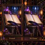 Framed and no-frame options for the spellbook and raven feather diamond painting.