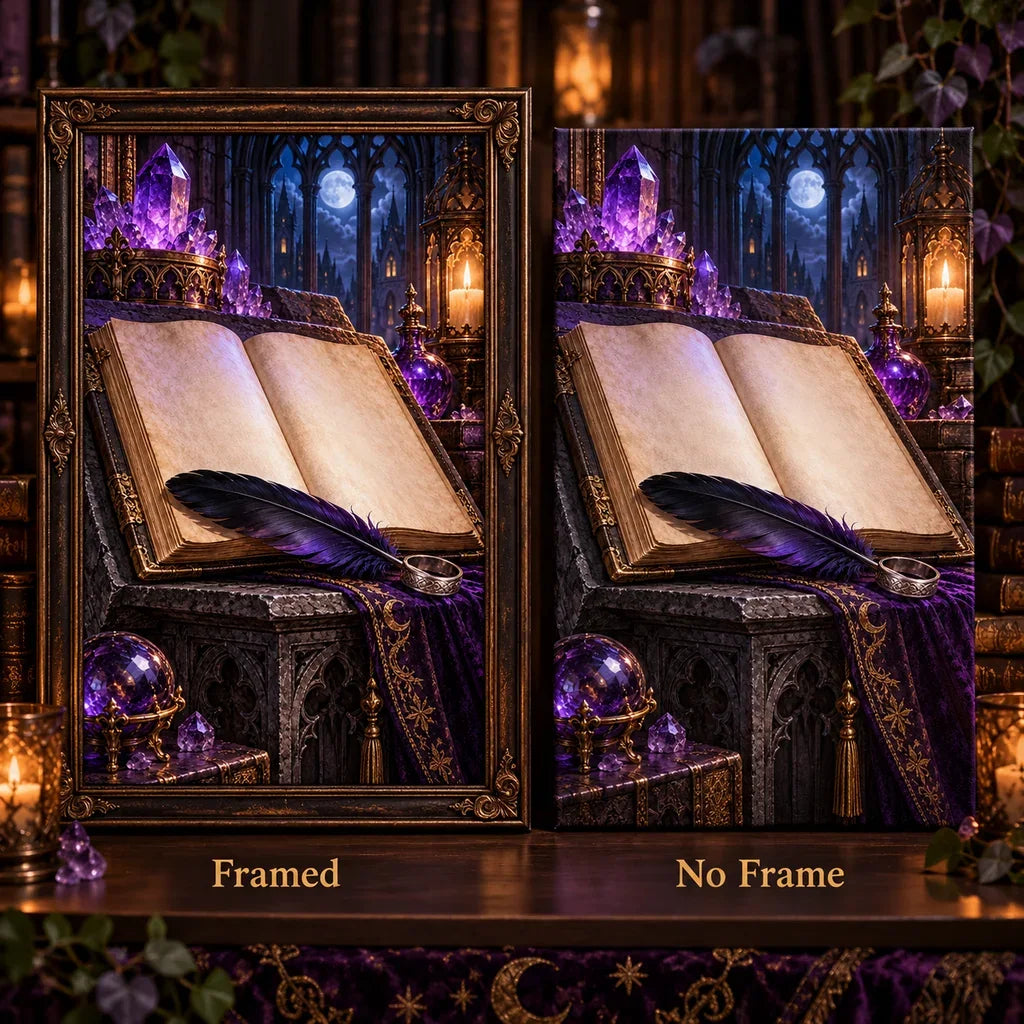 Framed and no-frame options for the spellbook and raven feather diamond painting.