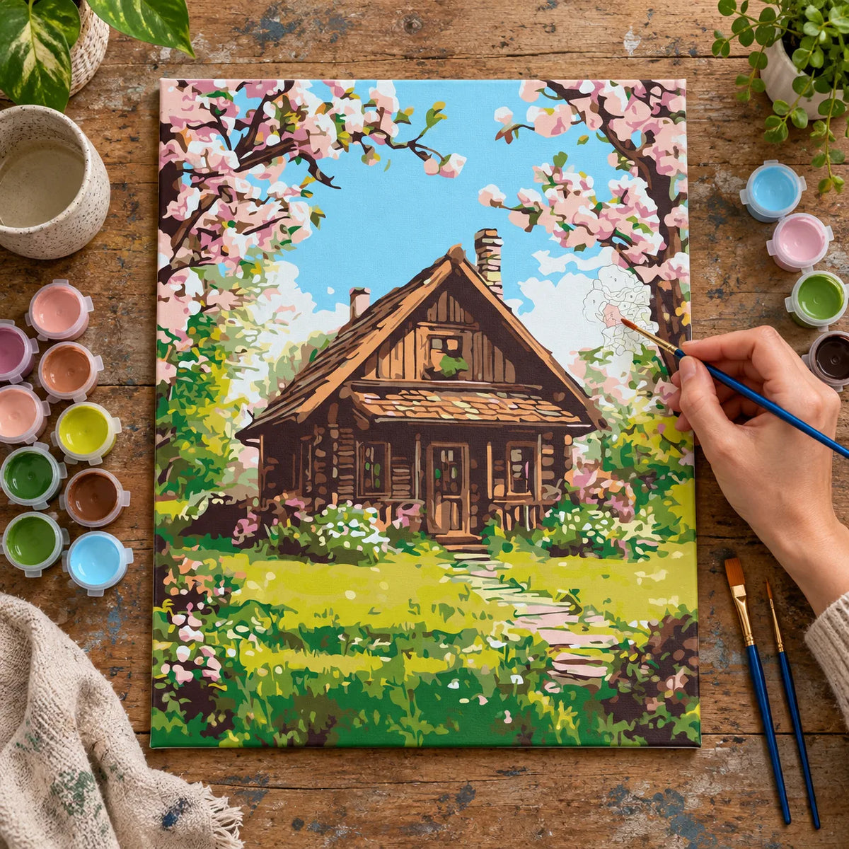 Complete Spring Cabin under Cherry Blossoms numbered canvas being painted with acrylic paints and brushes