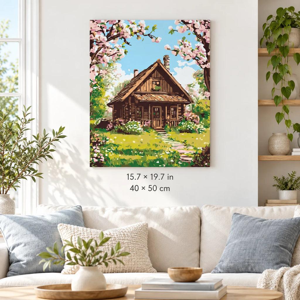 Spring Cabin under Cherry Blossoms shown in a styled room with 15.7 × 19.7 in and 40 × 50 cm dimensions