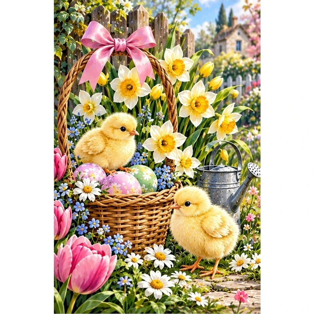 Spring Chicks Daffodil Basket — original artwork on a clean white background