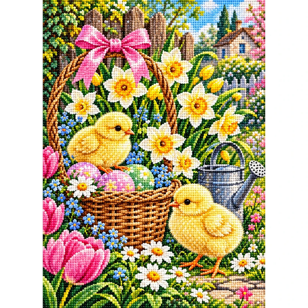 Spring Chicks Daffodil Basket — finished diamond painting on a white background