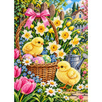 Spring Chicks Daffodil Basket — finished diamond painting on a white background