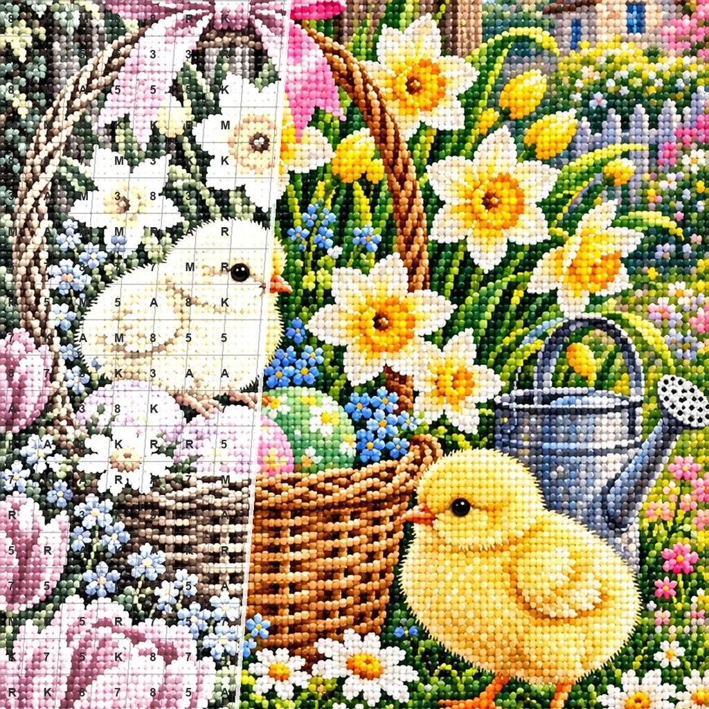 Spring Chicks Daffodil Basket — close-up canvas and resin drill detail