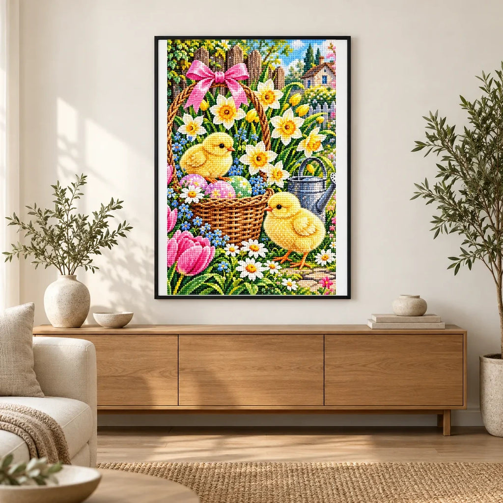 Spring Chicks Daffodil Basket — finished diamond painting displayed in a home interior