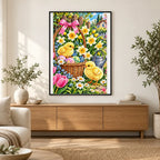 Spring Chicks Daffodil Basket — finished diamond painting displayed in a home interior