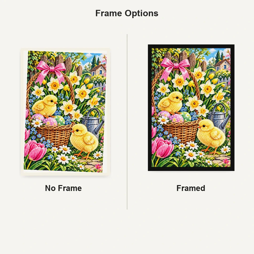 Spring Chicks Daffodil Basket — No Frame and Framed style comparison