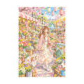 White-background original artwork of a woman browsing colorful spring flowers at a lively outdoor market for a diamond painting kit
