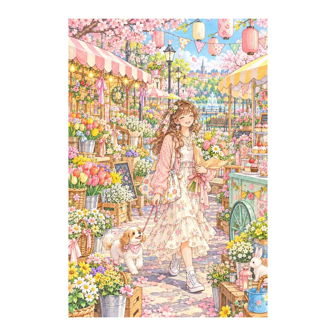 White-background original artwork of a woman browsing colorful spring flowers at a lively outdoor market for a diamond painting kit