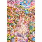 White-background finished diamond painting of a woman browsing colorful spring flowers at a lively outdoor market with sparkling drills