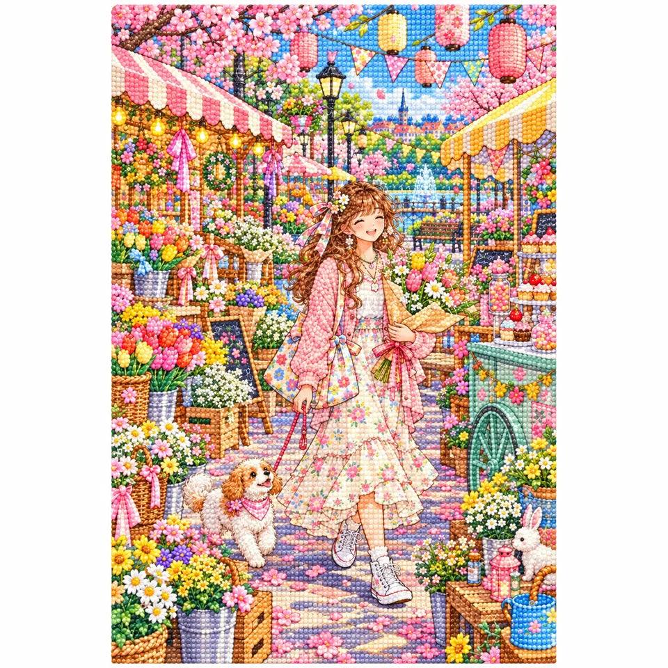 White-background finished diamond painting of a woman browsing colorful spring flowers at a lively outdoor market with sparkling drills