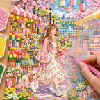 Diamond painting process showing a woman browsing colorful spring flowers at a lively outdoor market being completed with a stylus