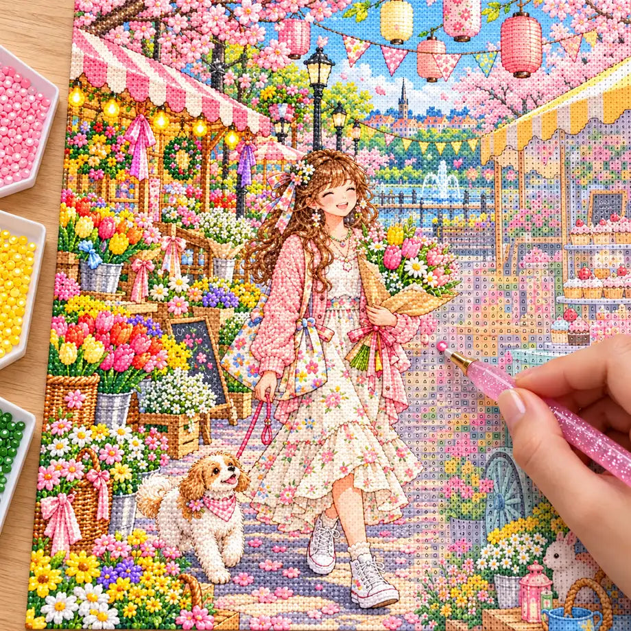 Diamond painting process showing a woman browsing colorful spring flowers at a lively outdoor market being completed with a stylus