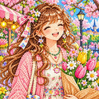 Close-up diamond drill detail of a woman browsing colorful spring flowers at a lively outdoor market artwork