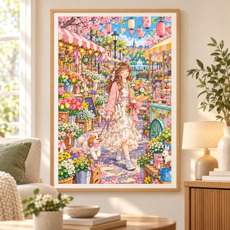 Framed a woman browsing colorful spring flowers at a lively outdoor market diamond painting displayed as home decor