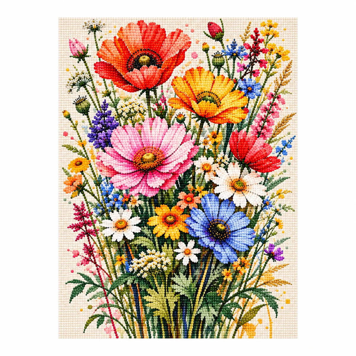 Finished diamond painting of spring meadow bouquet.