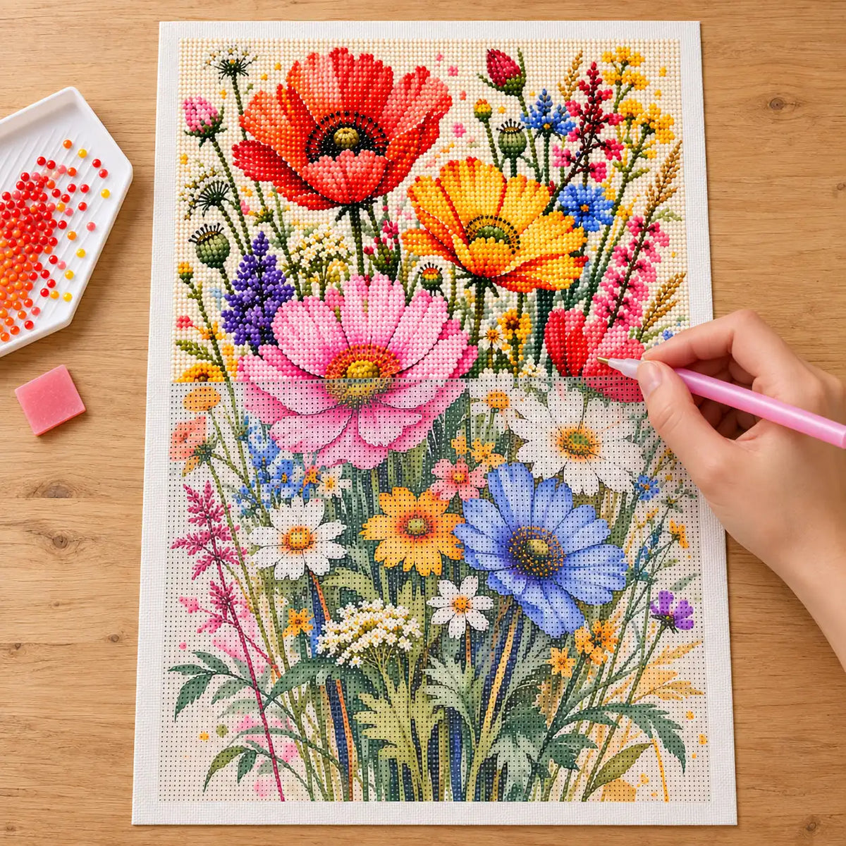 Diamond painting process for spring meadow bouquet.