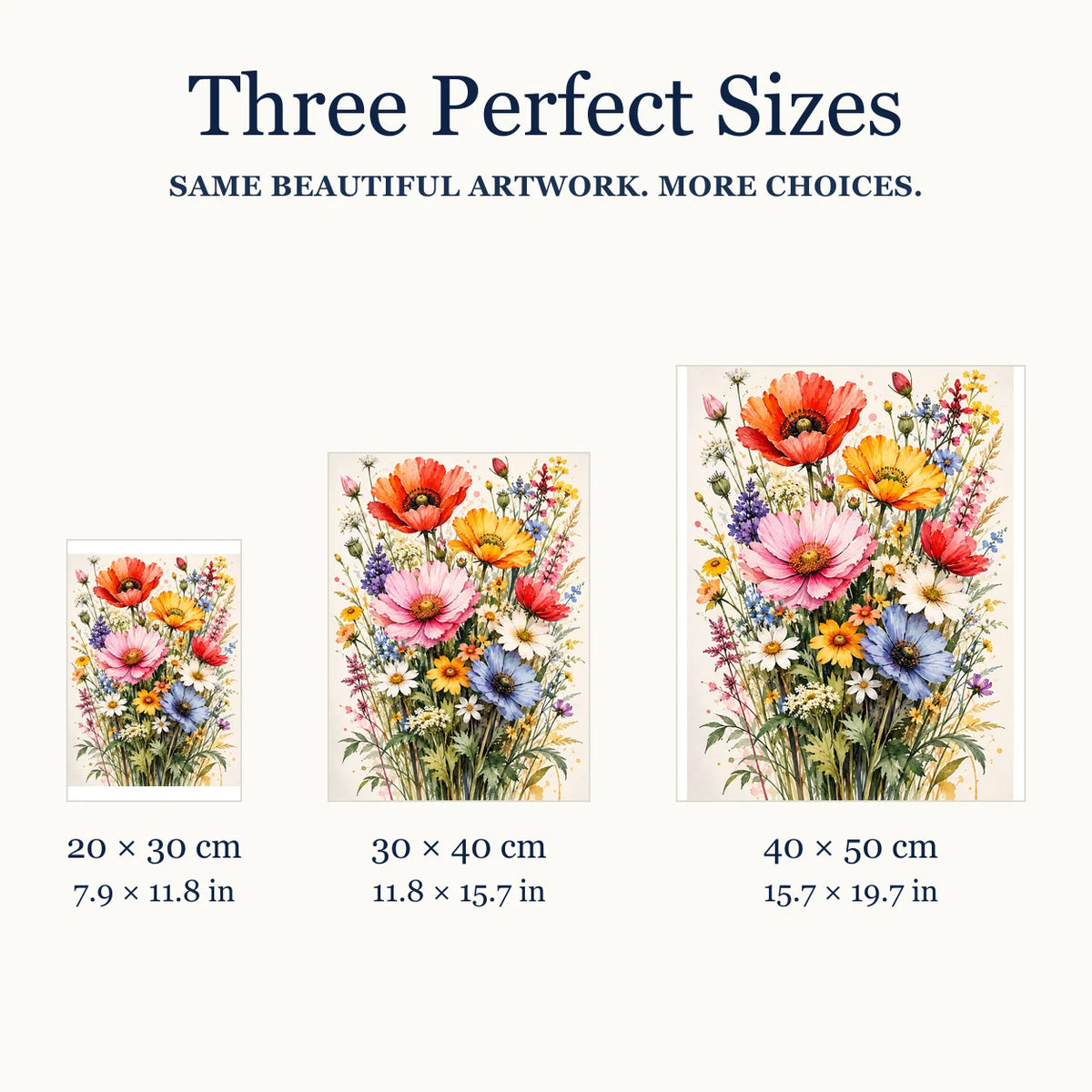 Size guide for Spring Meadow Bouquet Diamond Painting Kit: 20 × 30 cm, 30 × 40 cm, and 40 × 50 cm.
