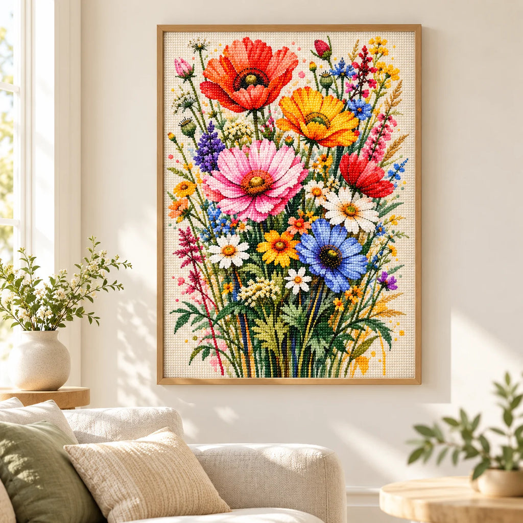 Home decor scene showing spring meadow bouquet displayed on a wall.