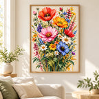Home decor scene showing spring meadow bouquet displayed on a wall.