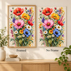 Framed and no-frame comparison for Spring Meadow Bouquet Diamond Painting Kit.