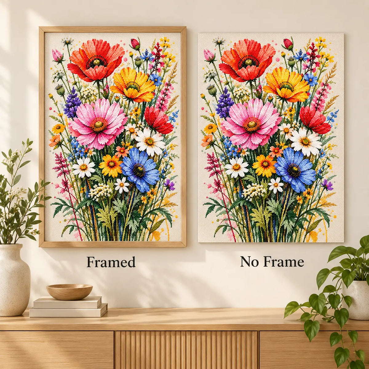 Framed and no-frame comparison for Spring Meadow Bouquet Diamond Painting Kit.