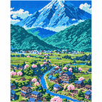 Finished diamond painting of Spring Valley At Mountains Foot with sparkling drills