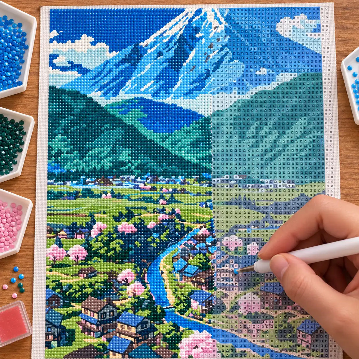 Diamond painting process for Spring Valley At Mountains Foot