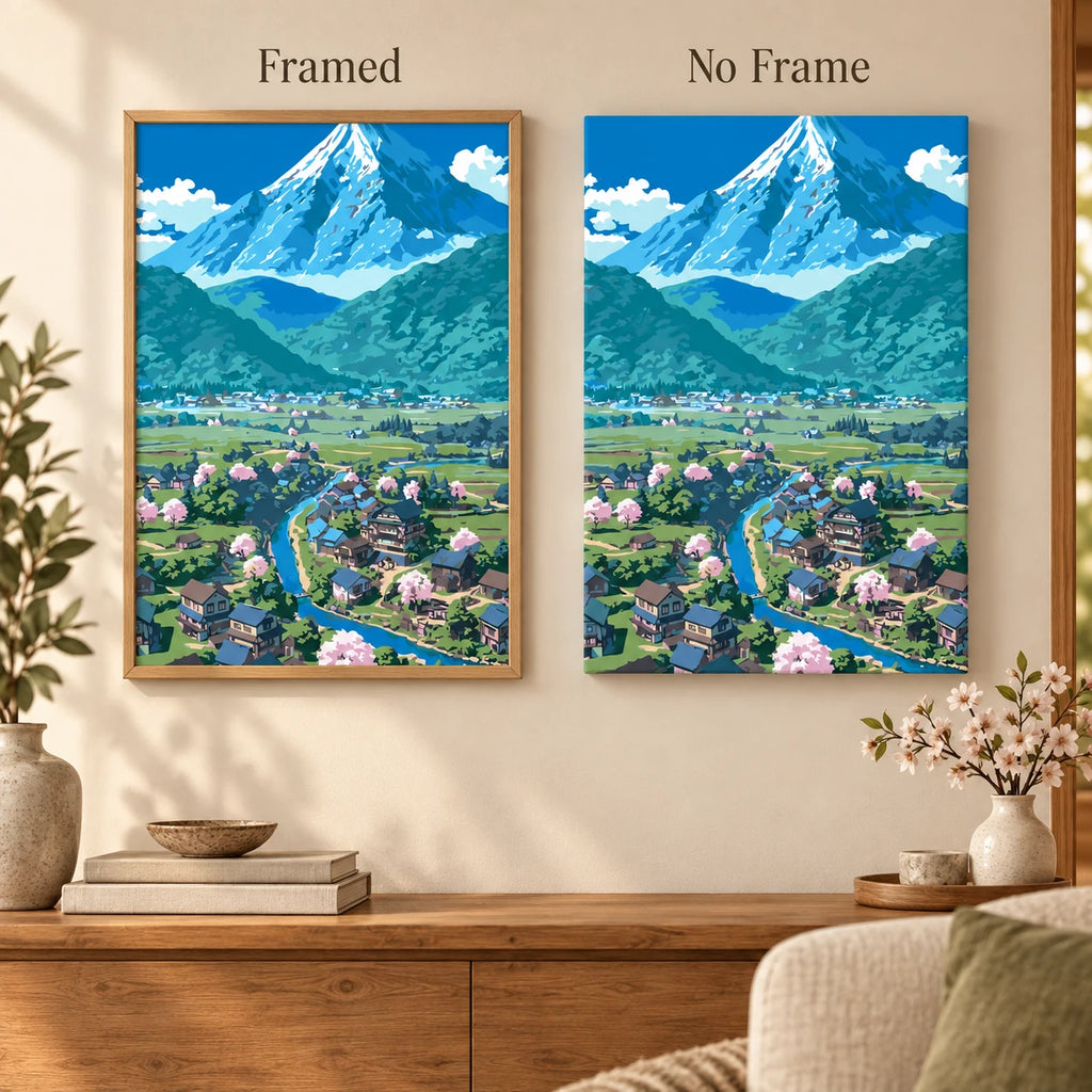 Spring Valley At Mountains Foot diamond painting shown framed and unframed