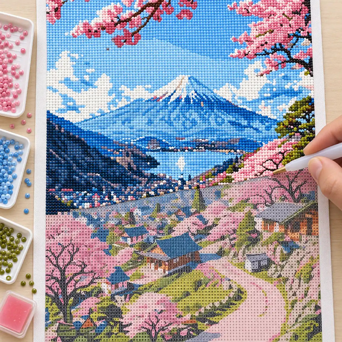 Diamond painting process for Springtime By The Mountain