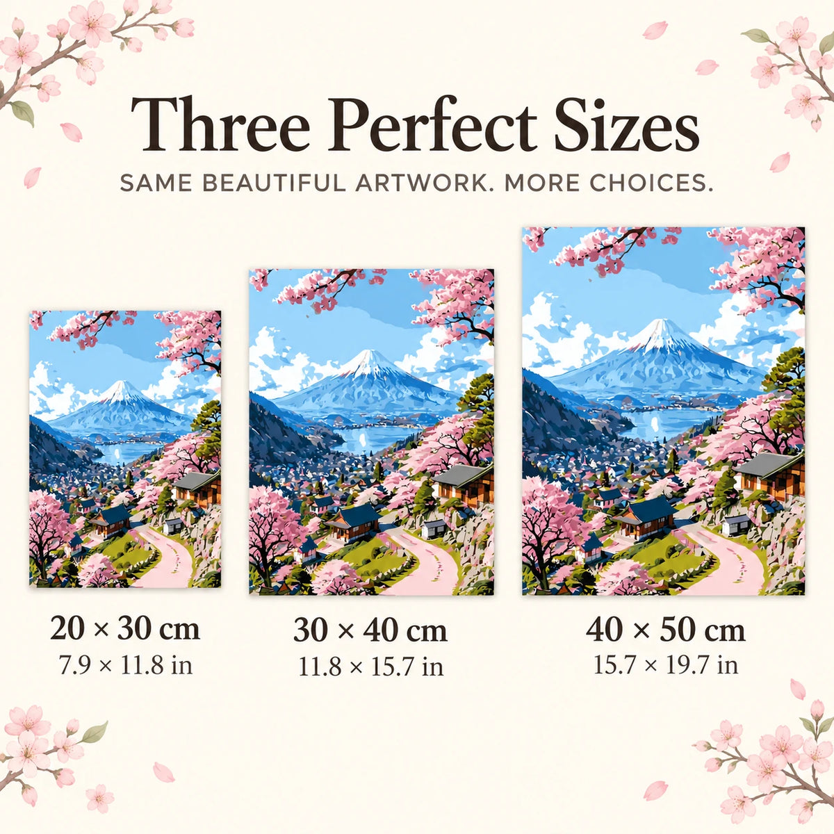 20 × 30, 30 × 40 and 40 × 50 cm size guide for Springtime By The Mountain