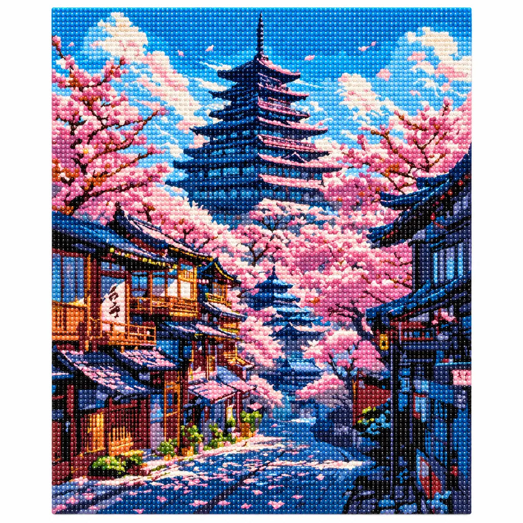 Finished diamond painting of Springtime In The Pagoda Village with sparkling drills